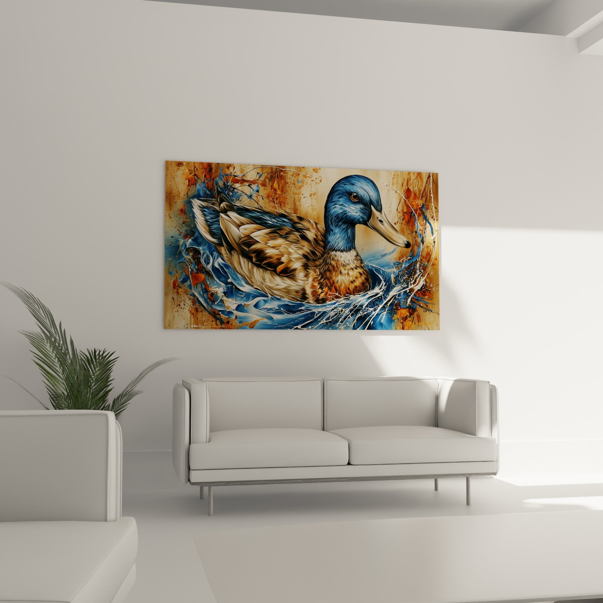 Canard aux reflets bleu marine et ocre, plumage détaillé, positionné au-dessus d'un canapé dans un salon lumineux