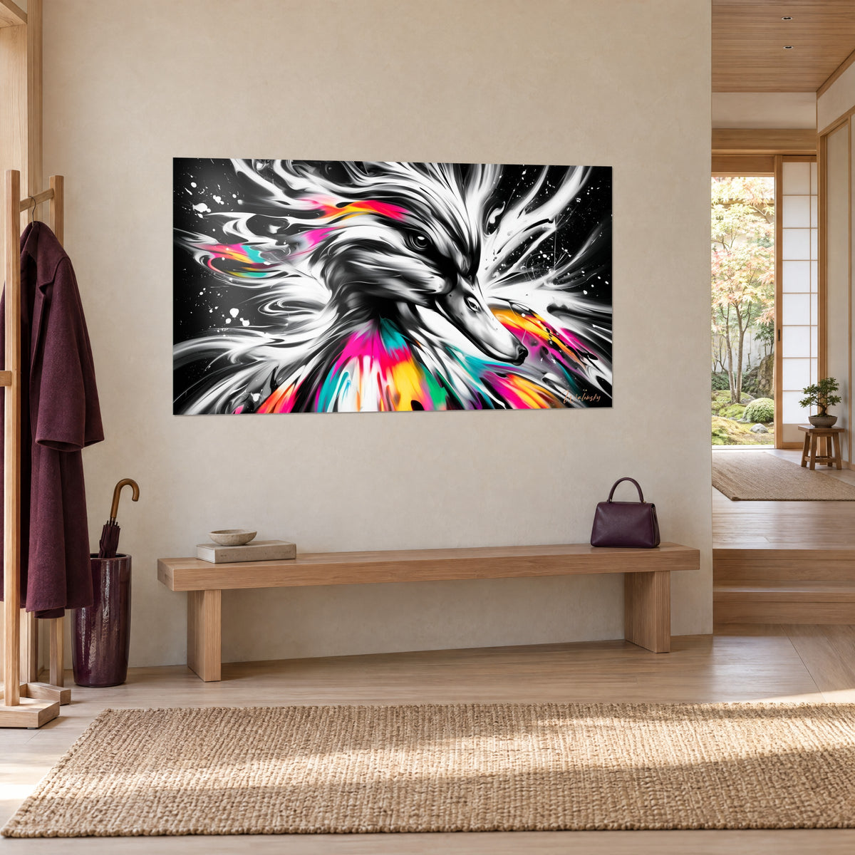 Tableau palmipède aux plumes de neige éclatées, éclaboussures turquoise et orange, accroché sur un mur beige près d'un banc en bois