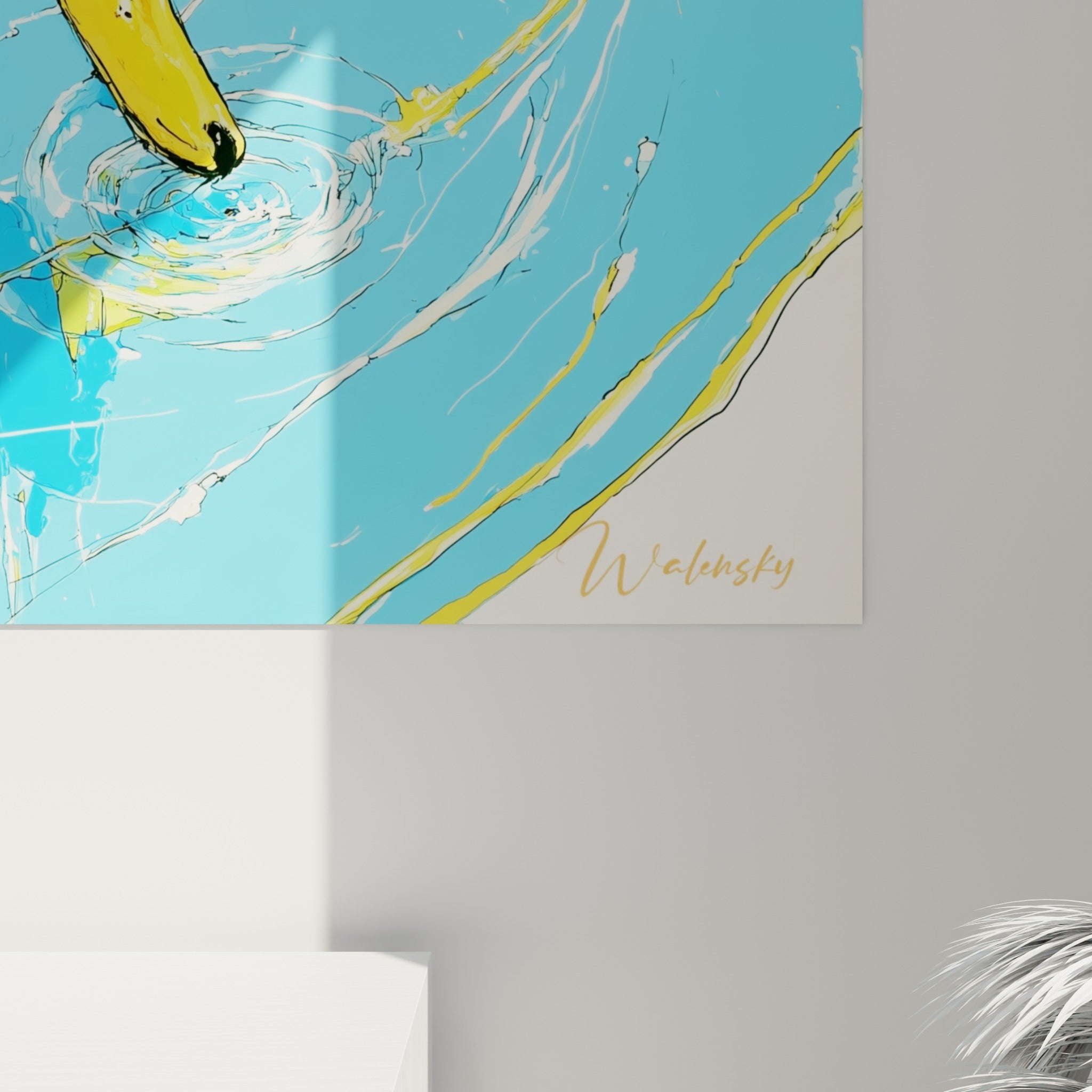 Empâtements bleu turquoise et coulures jaunes sur le bec du canard, grain de peinture visible de près