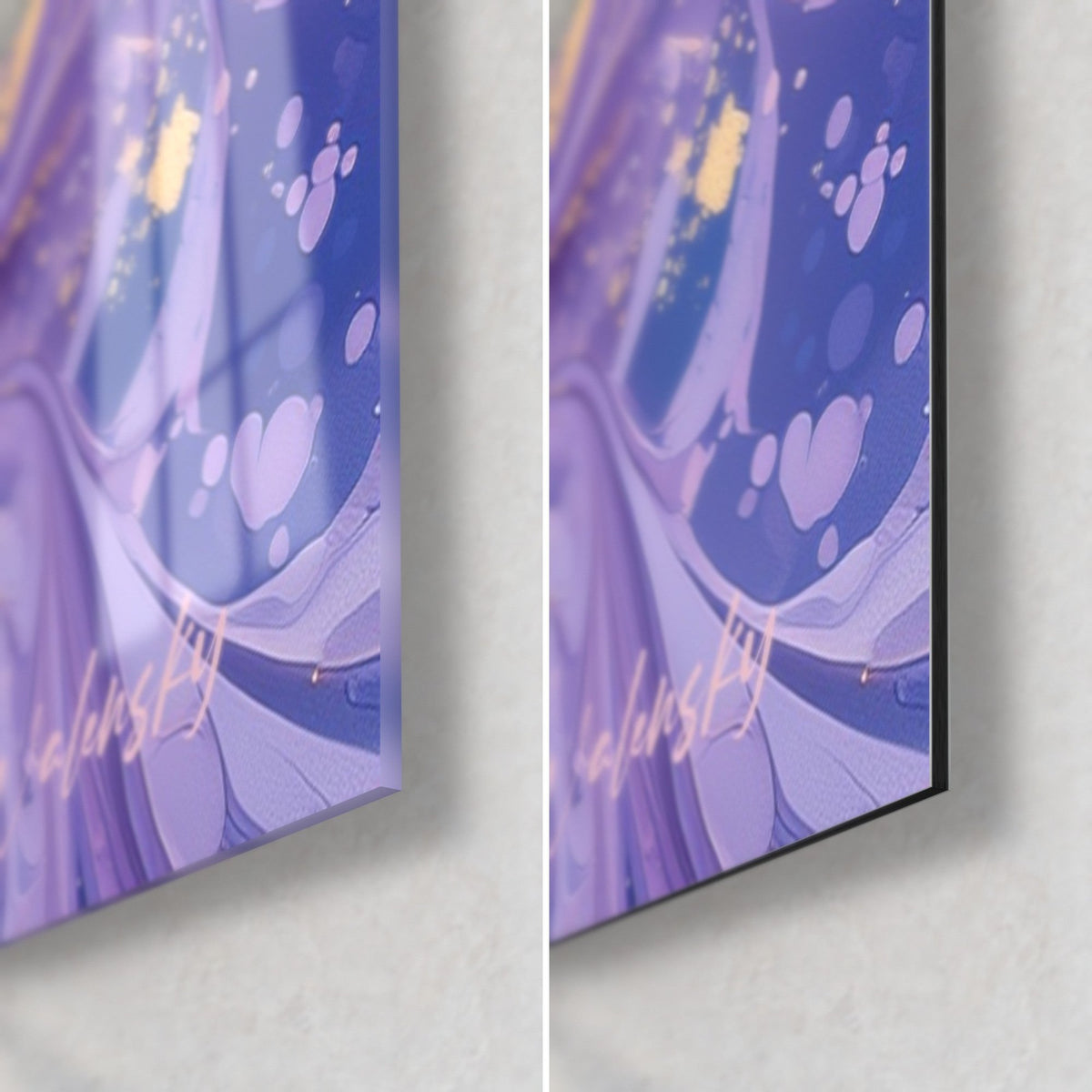 Schilderij paarse eend, rechtsonder: glanzend acrylglas links, mat zwart Dibond rechts, 3 mm dikte