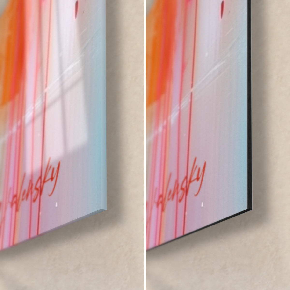 Quadro uccello acquatico in rosa e blu, angolo in basso a destra: vetro acrilico lucido a sinistra, alluminio Dibond opaco a destra, spessore 3 mm