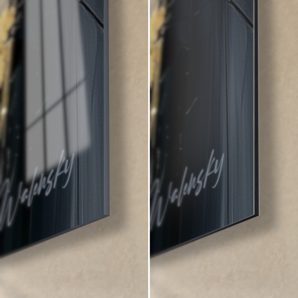 Tableau palmipède doré à la signature Walensky, coin bas droit : verre acrylique brillant reflétant la fenêtre, Dibond noir mat