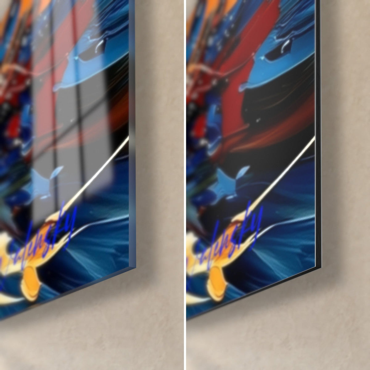 Tableau palmipède bleu nuit, coin bas droit : reflets brillants du verre acrylique à gauche, Dibond mat gris à droite, tranche de 3 mm