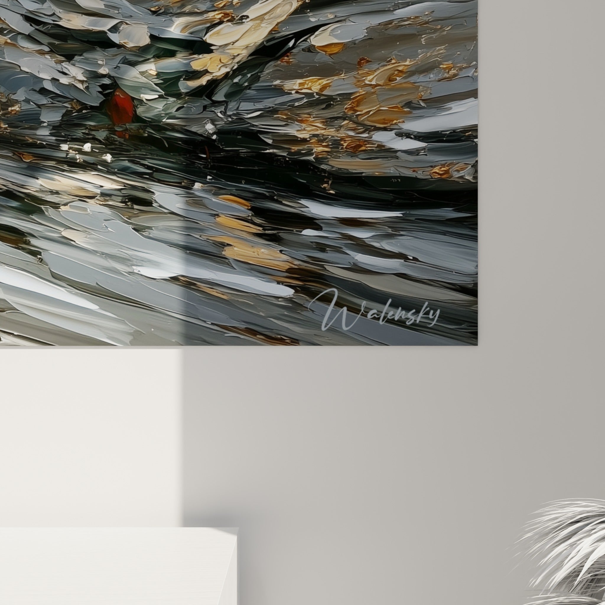 Empâtements dorés et coulures anthracite capturant le grain de la peinture sur l'eau du tableau canard