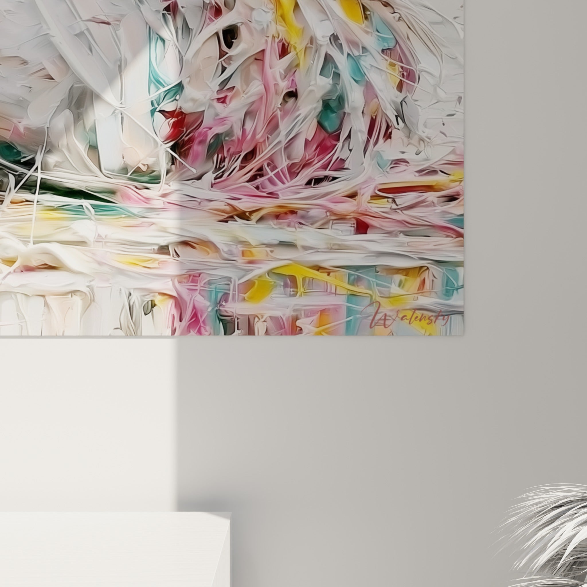 Empâtements blancs et roses du plumage du canard, coulures dorées et grain de peinture visible de près