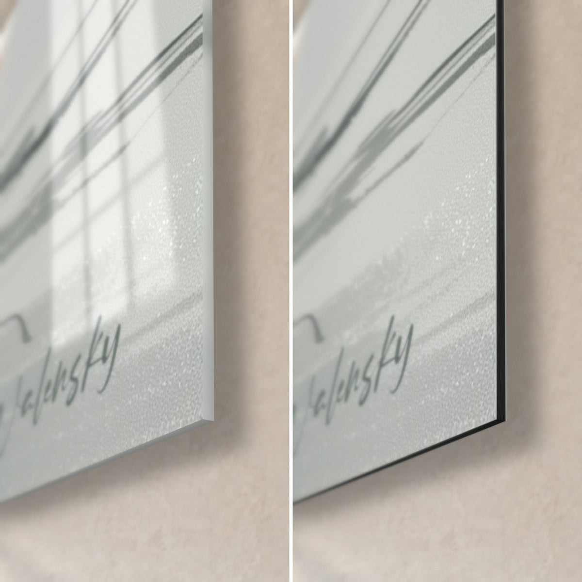 Tableau canard blanc flottant, coin bas droit en verre brillant et alu Dibond noir mat, signature Walensky, tranche de 3 mm