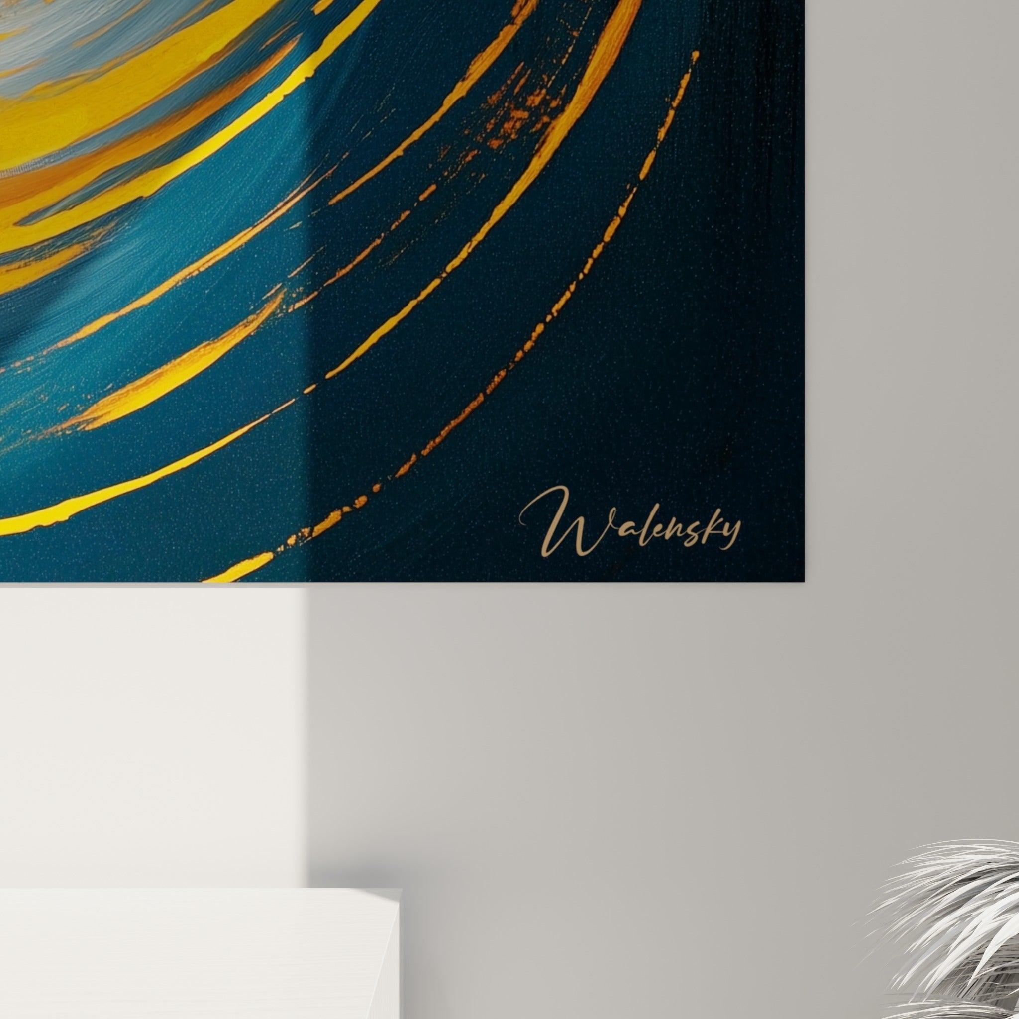 Empâtements dorés et coulures bleu marine se mêlant en spirale sur la toile du canard
