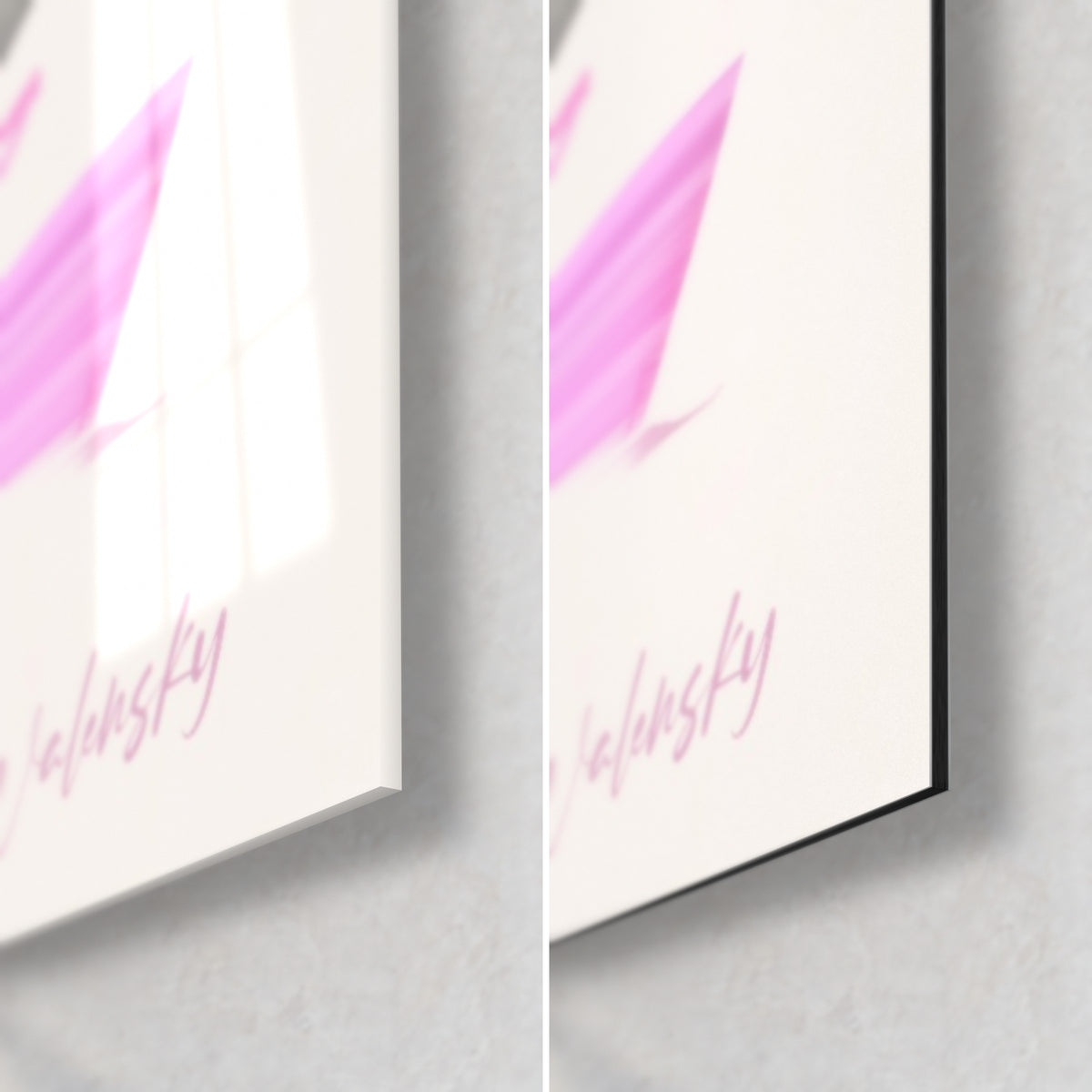 Gemälde Stockente in rosa und blauen Strichen, untere rechte Ecke: glänzendes Acrylglas mit Lichtreflexen, mattschwarzes Dibond, 3 mm Kante