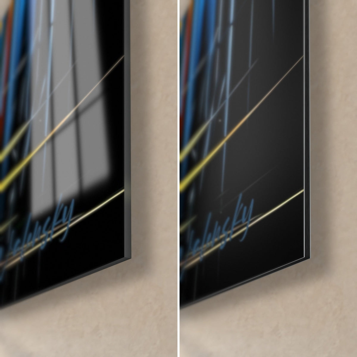 Quadro germano reale con becco giallo, angolo in basso a destra: vetro acrilico lucido a sinistra, Dibond nero opaco a destra, bordo da 3 mm