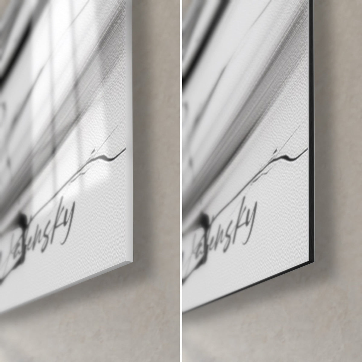 Tableau oiseau blanc à l'œil bleu, coin bas droit : verre acrylique brillant et reflets à gauche, alu Dibond noir mat à droite