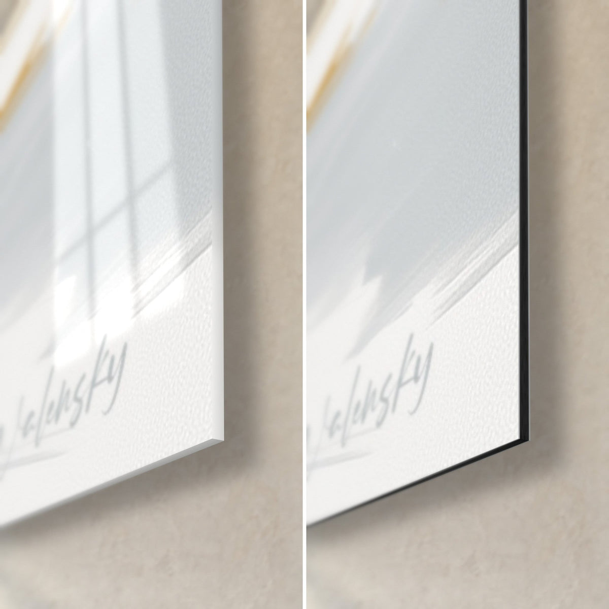 Tableau canards dorés et blancs, coin bas droit : verre acrylique brillant à reflets, alu Dibond mat noir, tranche de 3 mm et signature