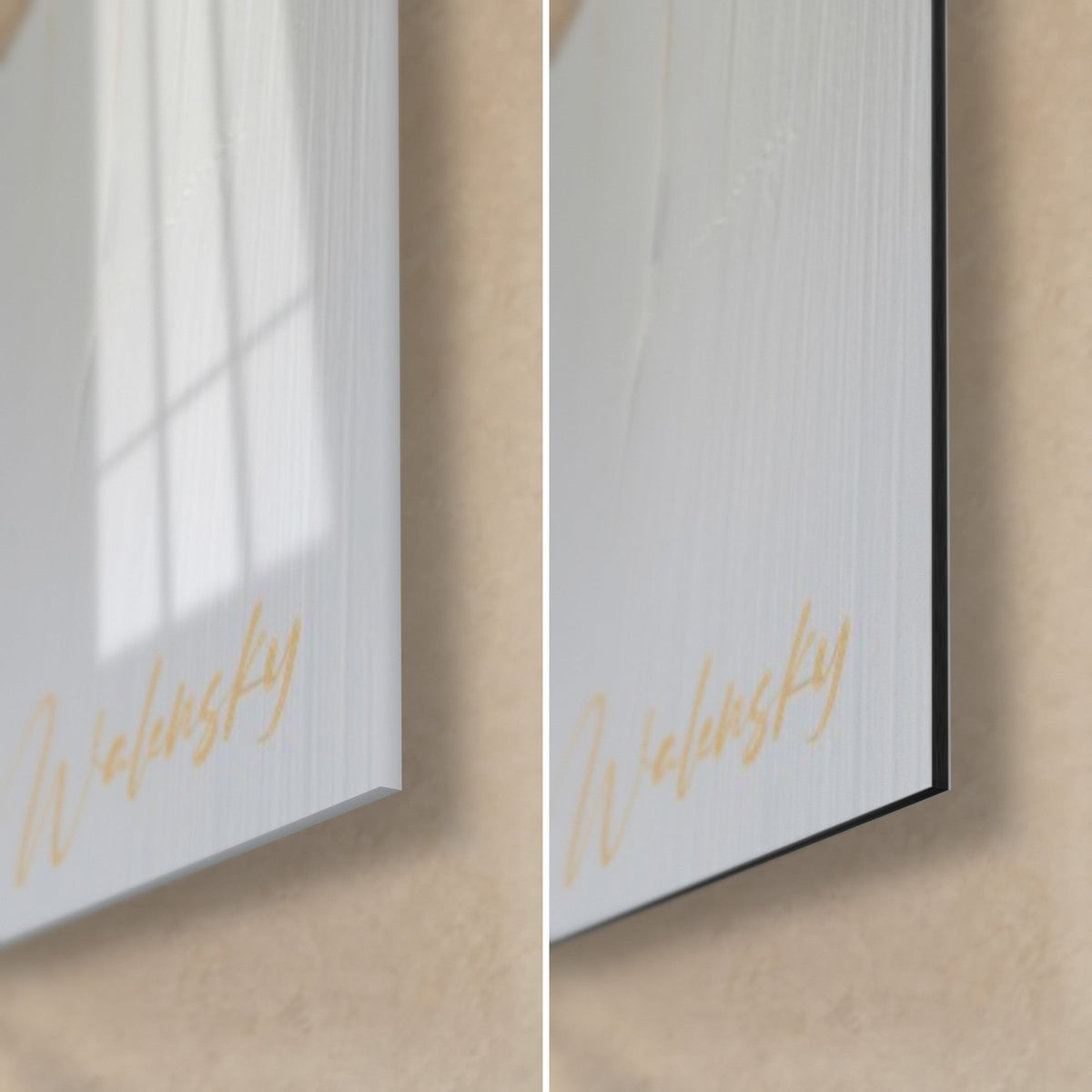 Quadro anatra dorata, angolo in basso a destra: vetro acrilico lucido con riflessi a sinistra, alluminio Dibond bianco opaco a destra, spessore del bordo 3 mm