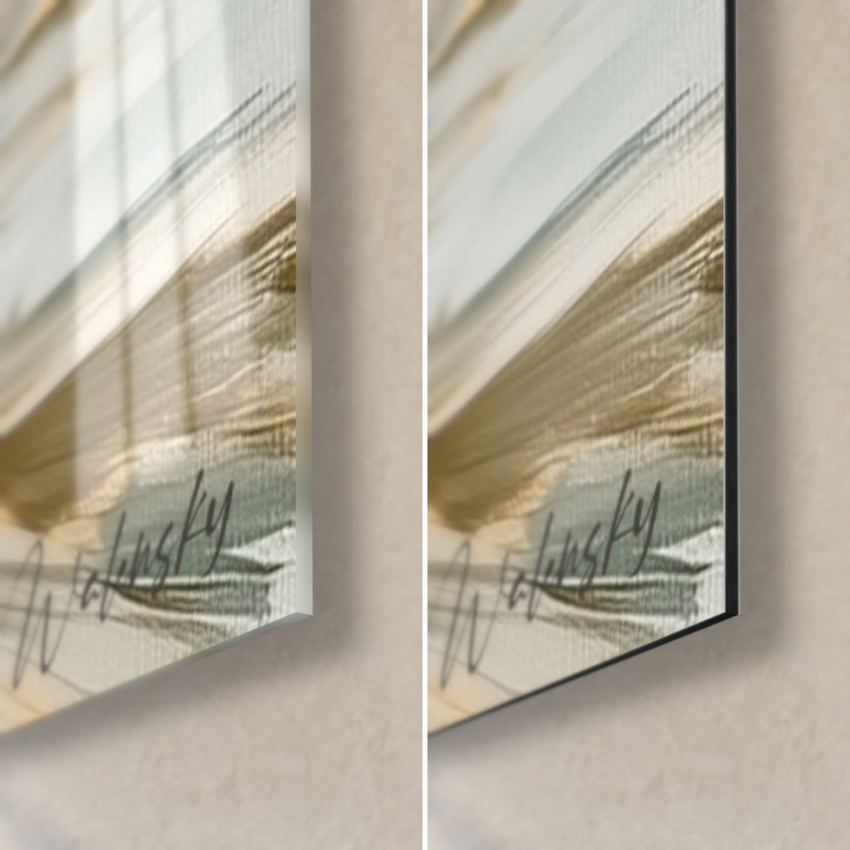 Quadro uccello nuotatore dal becco ocra, angolo in basso a destra: vetro acrilico lucido a sinistra, alluminio Dibond nero opaco a destra, bordo da 3 mm