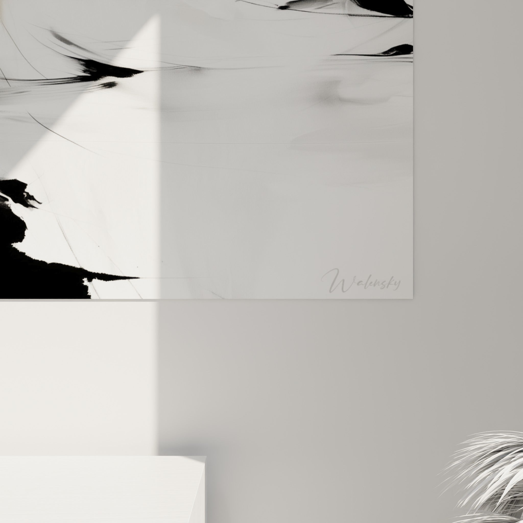Empâtements blancs et coulures noires du plumage, grain pictural visible en gros plan sur la toile