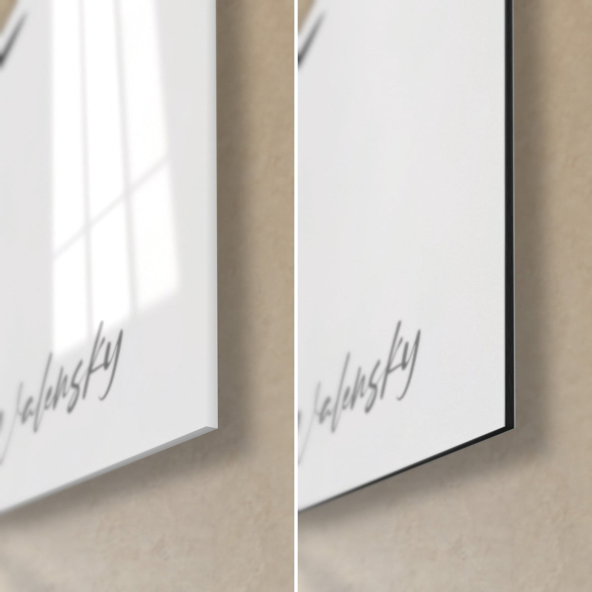 Tableau cane noire et blanche, coin bas droit : signature Walensky, verre acrylique brillant à gauche, Dibond mat noir à droite