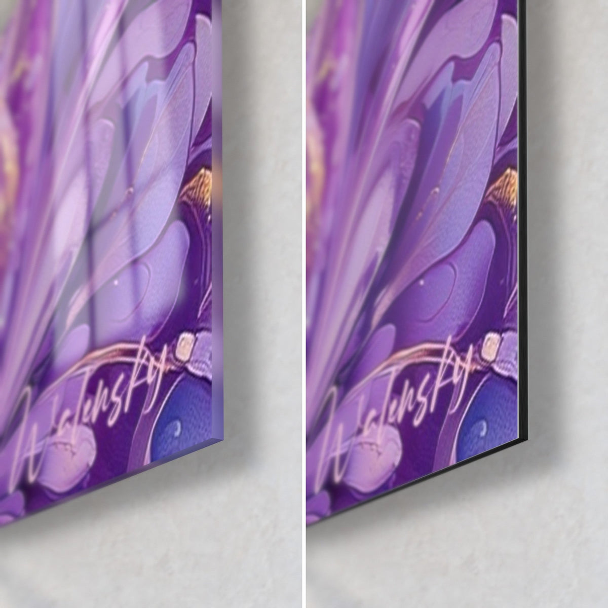 Wall art of a waterfowl with lilac and gold paint flakes, bottom right corner: glossy glass and matte Dibond, 3 mm edge