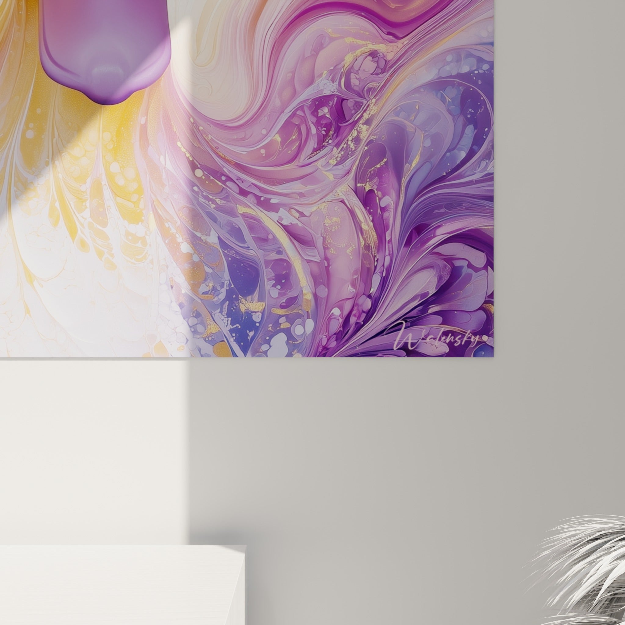 Empâtements dorés et coulures violettes se mêlant en fines volutes sur la toile du canard