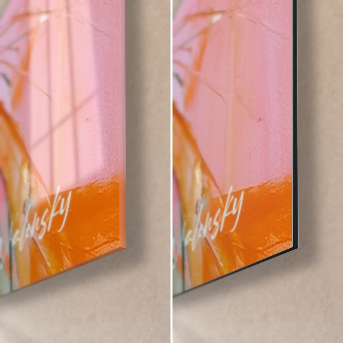Quadro uccello acquatico dipinto, angolo in basso a destra: arancio vivo e rosa pallido, firma bianca, vetro lucido su Dibond nero opaco