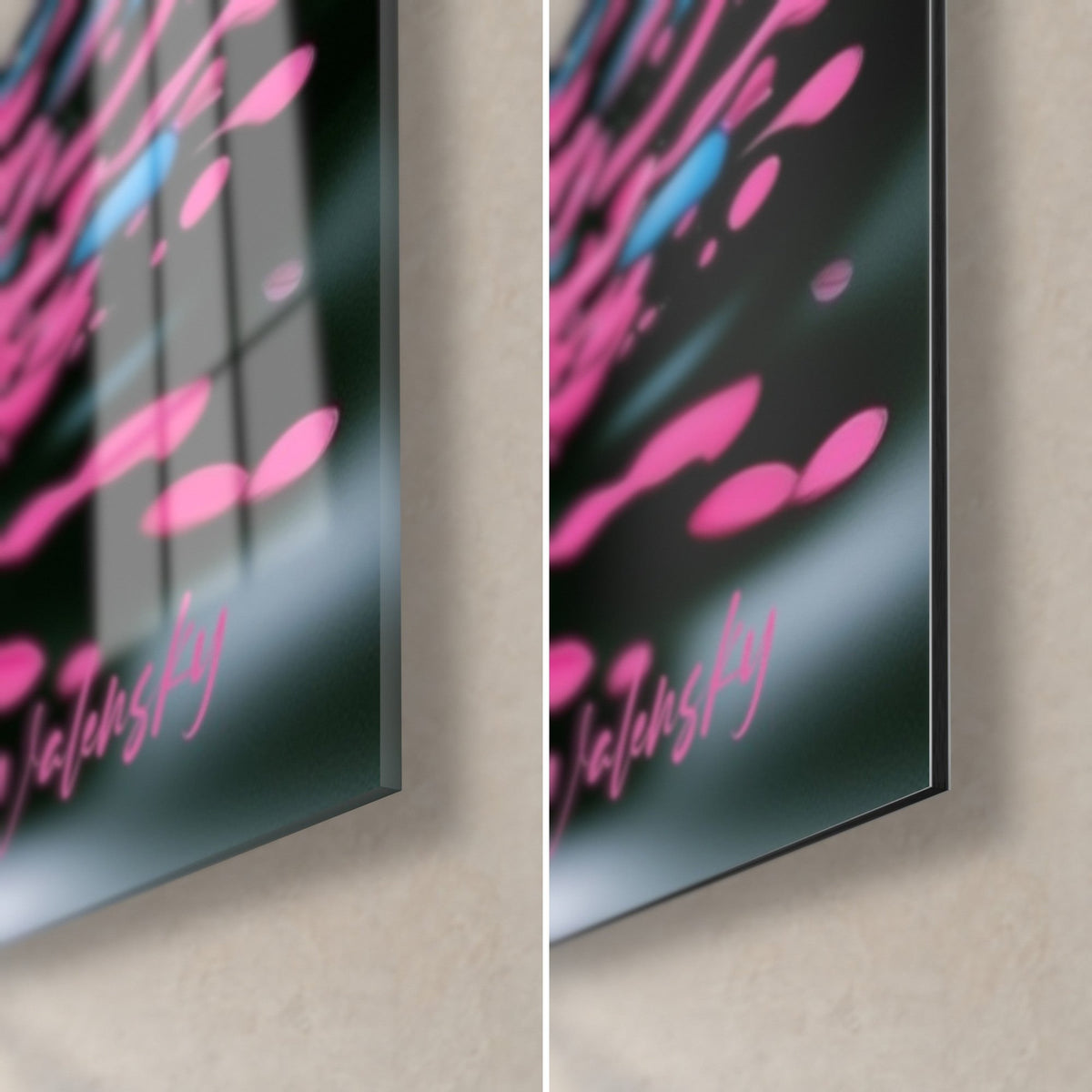 Tableau palmipède rose et arc-en-ciel, coin bas droit : verre acrylique brillant à gauche, alu Dibond noir mat à droite, tranche de 3 mm