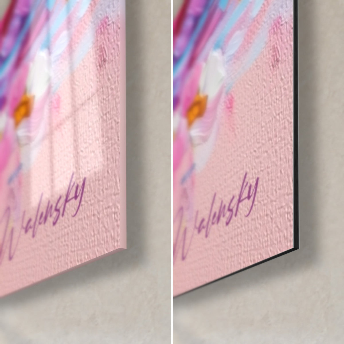 Tableau palmipède aux touches rose et violet, signature Walensky en bas à droite, verre brillant à gauche, Dibond mat à droite