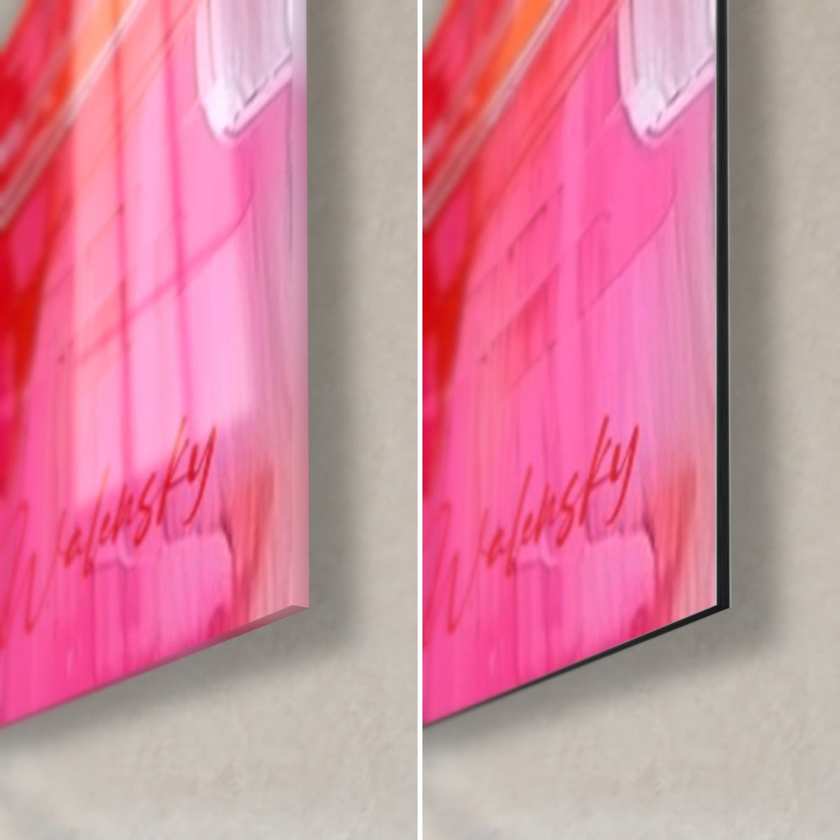 Tableau palmipède rose et rouge peint à la spatule, coin bas droit en verre brillant et alu Dibond mat, signature Walensky visible