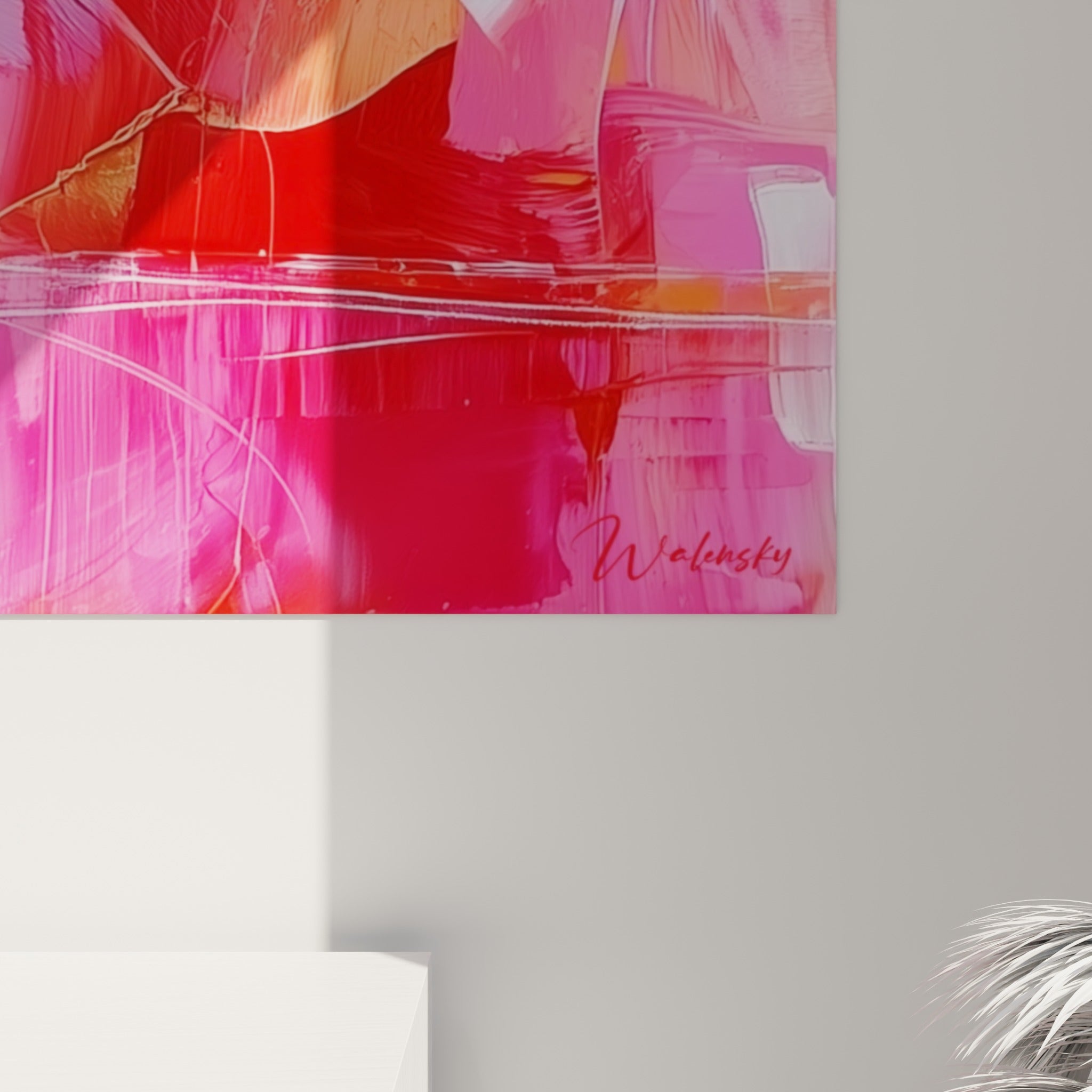Empâtements épais et coulures roses et bleu pétrole visibles sur la toile du canard en gros plan