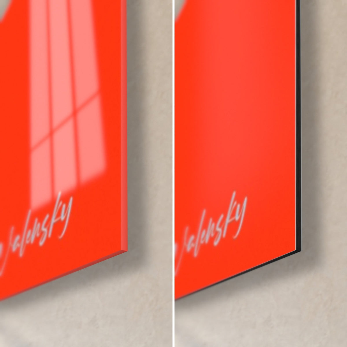 Tableau palmipède rouge vif, coin bas droit : verre acrylique brillant à gauche, Dibond noir mat à droite, tranche de 3 mm visible