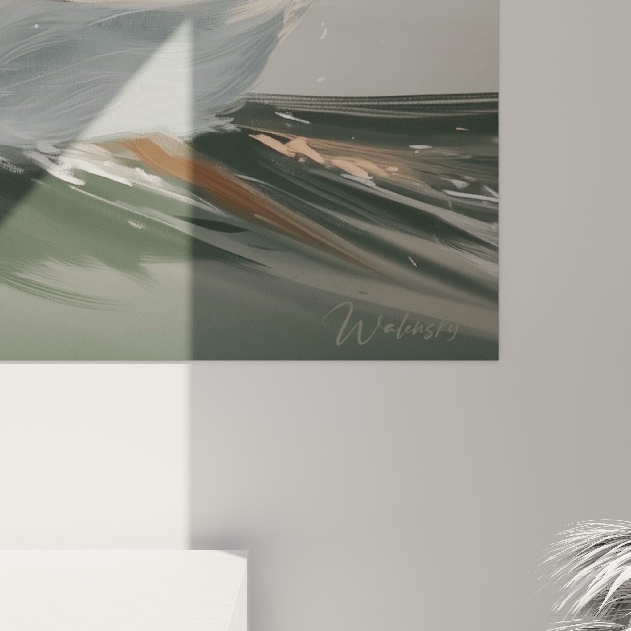 Empâtements blancs et gris anthracite du plumage, coulures fines révélant la texture picturale de la toile