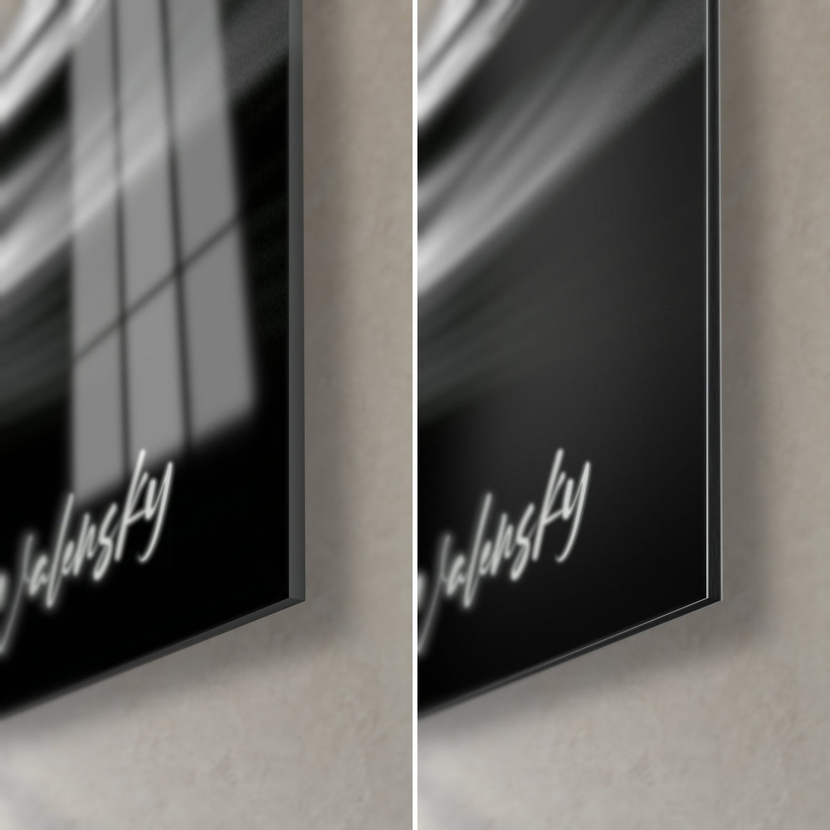 Quadro uccello acquatico su acqua grigia, angolo in basso a destra: vetro lucido con riflessi, alluminio Dibond nero opaco, spessore 3 mm