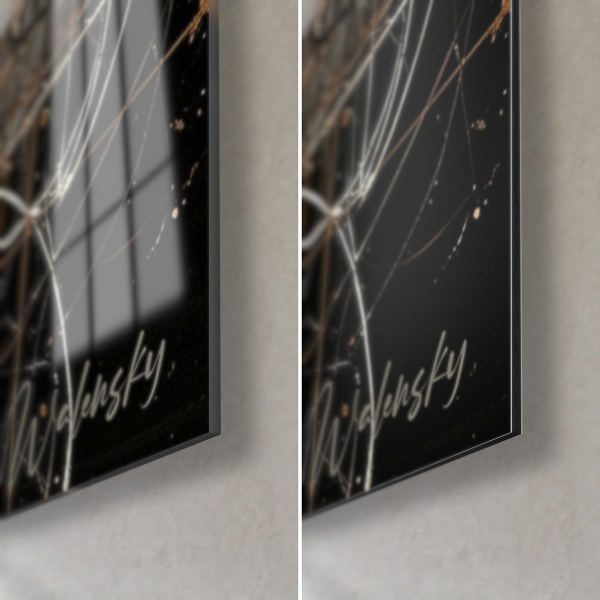 Tableau cane blanche, coin bas droit en verre brillant et Dibond noir mat, signature Walensky dorée, tranche de 3 mm
