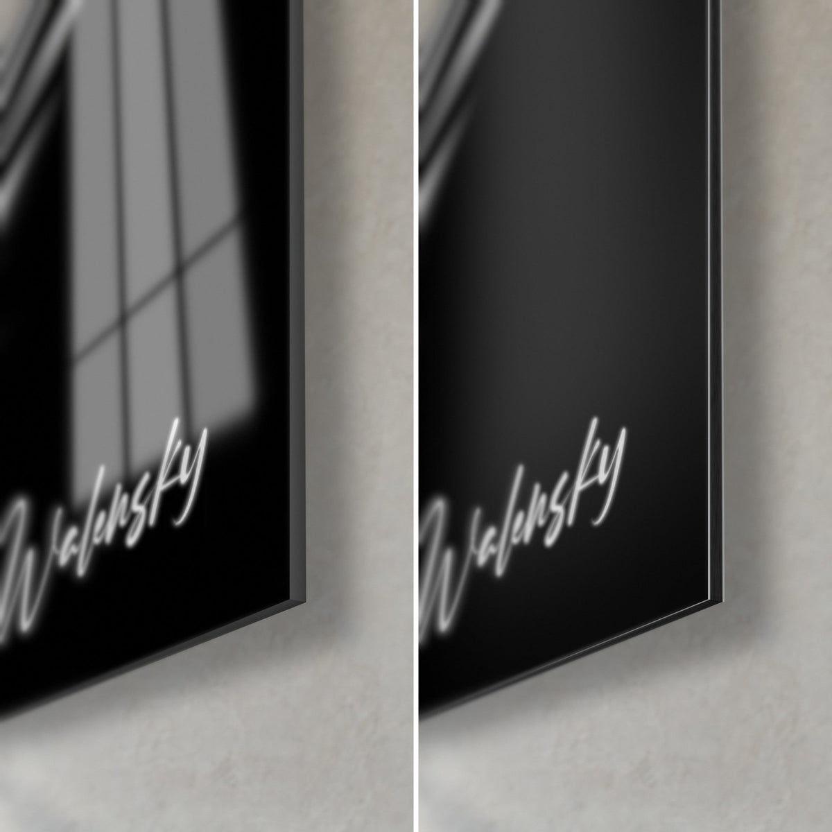Tableau canard blanc, coin bas droit : verre acrylique brillant aux reflets gris, Dibond noir mat, tranche de 3 mm