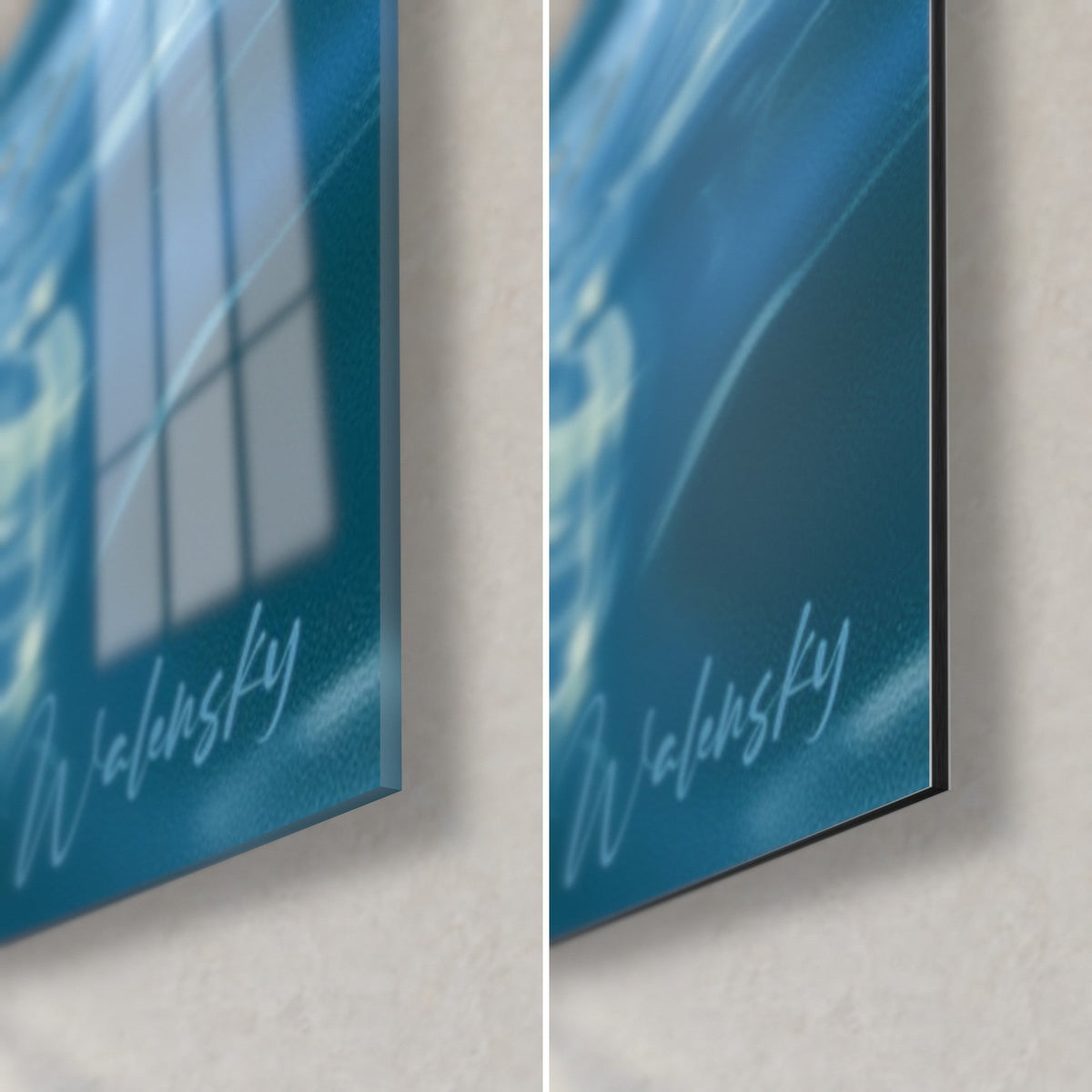 Tableau colvert bleu et doré, coin bas droit : verre acrylique brillant aux reflets de fenêtre, alu Dibond mat blanc, tranche de 3 mm