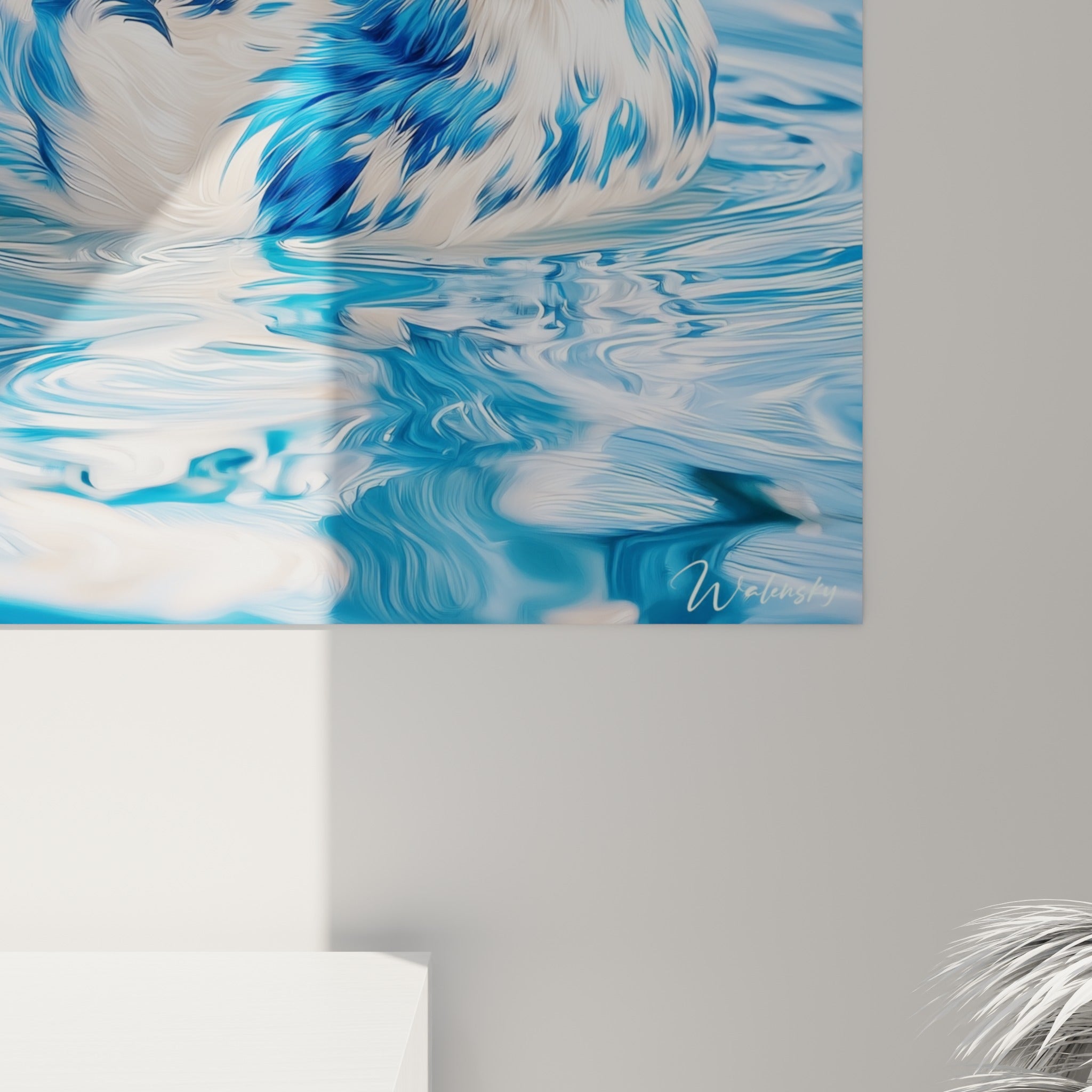 Détail des empâtements bleu profond et blanc crème sur le plumage sculpté du canard peint