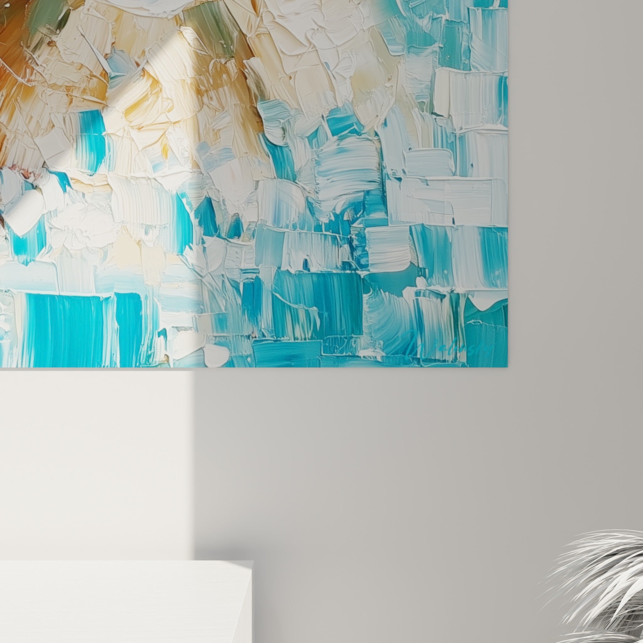 Empâtements épais de bleu turquoise et rouge vif se touchant, matière relief de la peinture au couteau