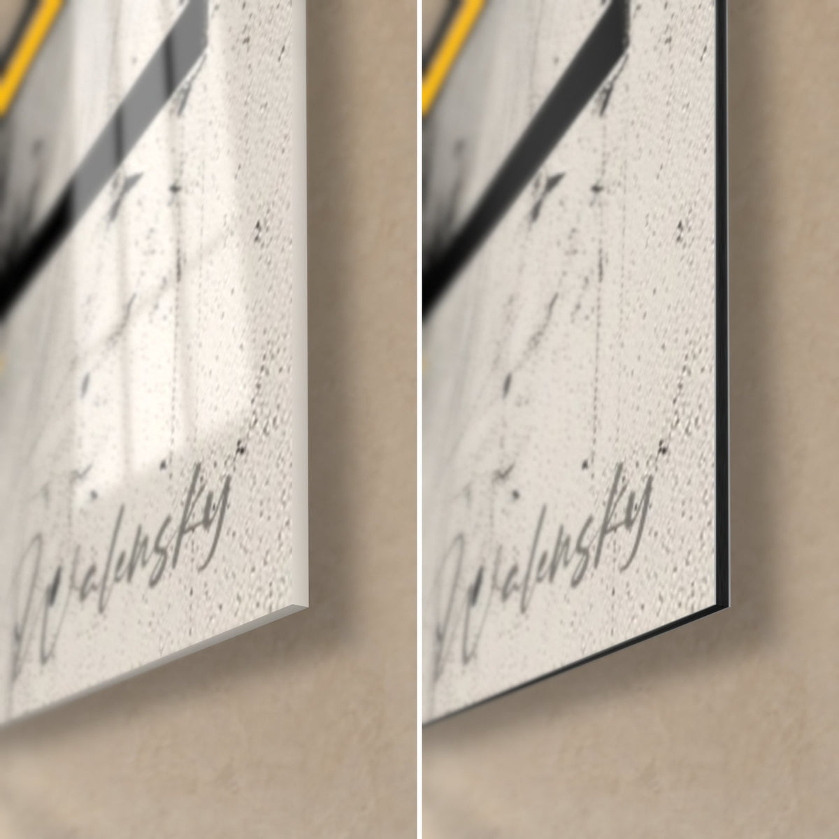 Tableau canard noir et jaune, coin bas droit : verre acrylique brillant à gauche, alu Dibond mat noir à droite, tranche de 3 mm