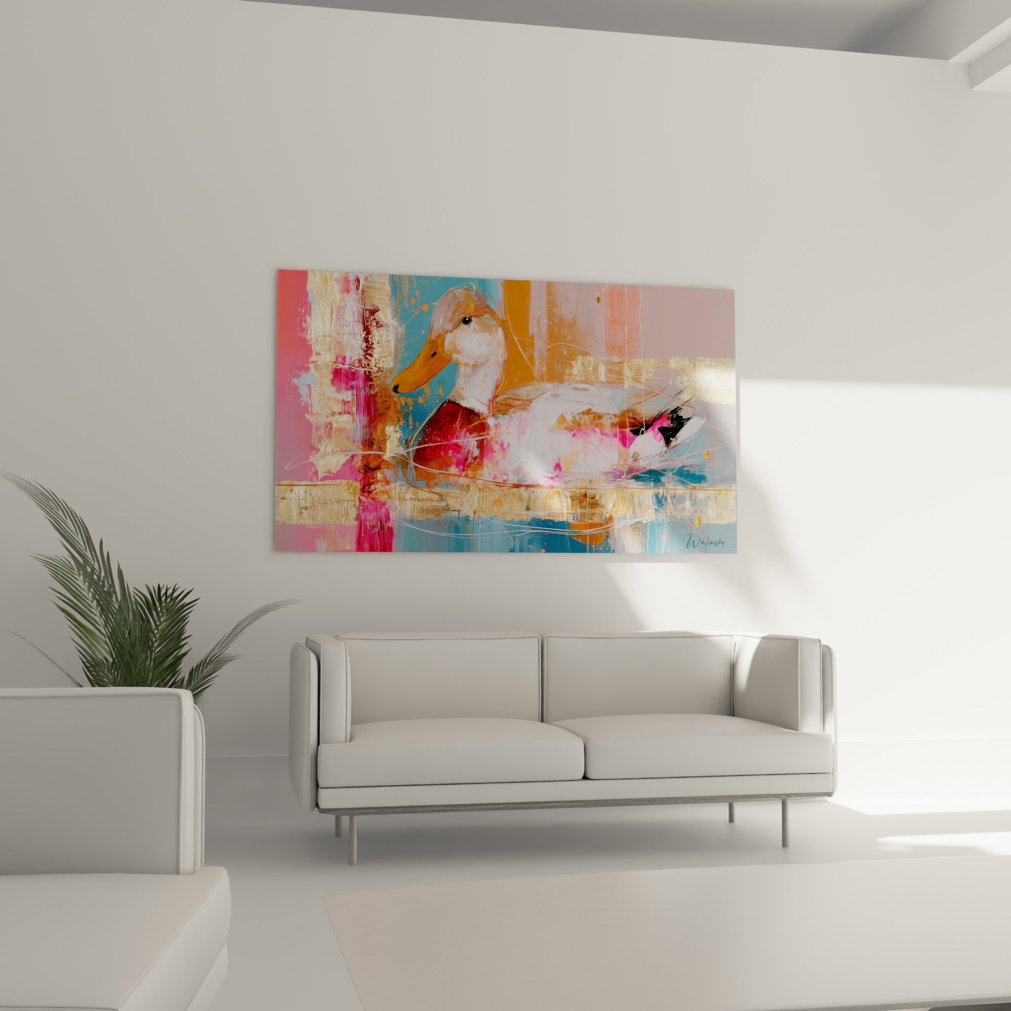 Silhouette de canard rose et blanc, traits dorés lumineux, au-dessus d'un canapé dans un salon lumineux