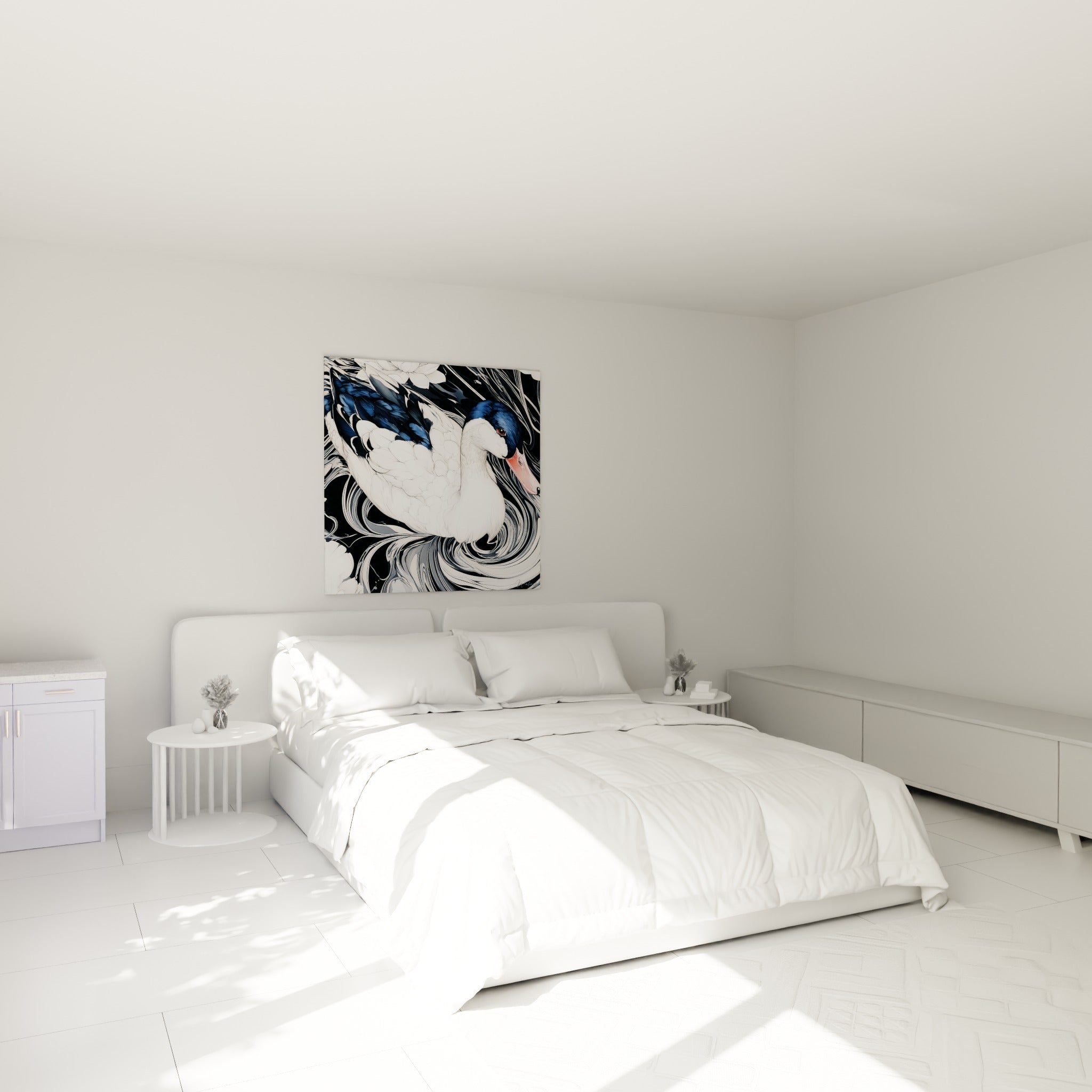 Volatile blanc et bleu marine au bec corail accroché au-dessus d'un lit dans une chambre claire