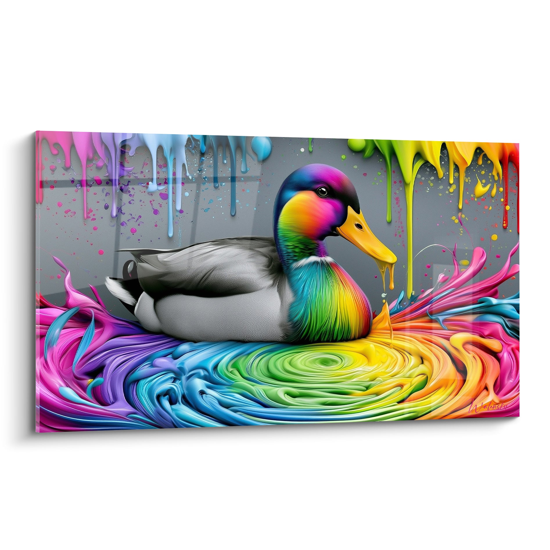 Canard gris posé au centre d'un tourbillon de peinture rose, bleue et jaune éclatant