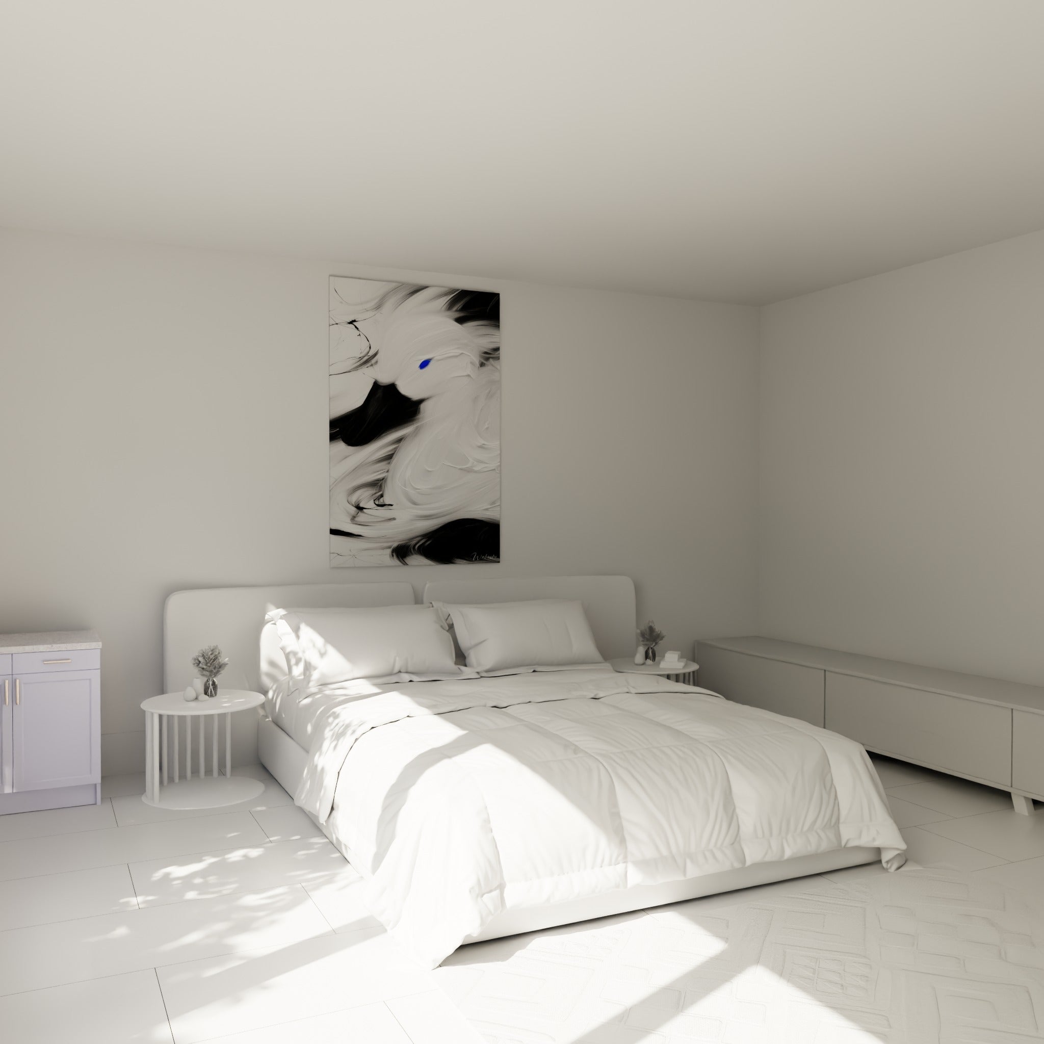 Plumage blanc tourbillonnant du canard aux touches noires, au-dessus d'un lit dans une chambre claire