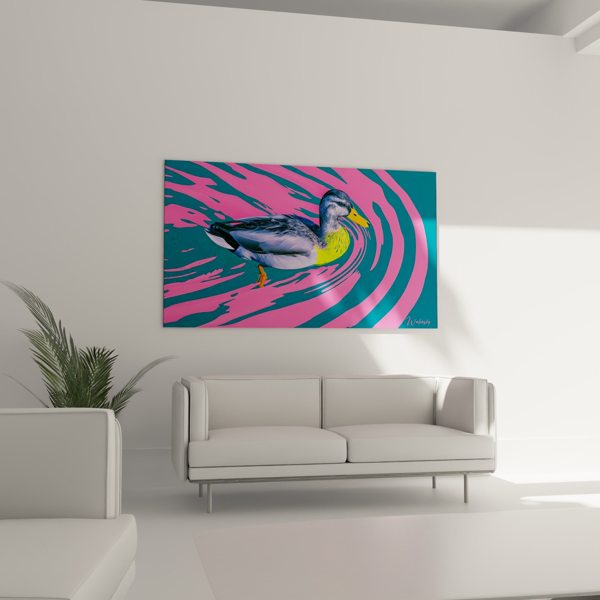Canard photoréaliste sur tourbillon rose et bleu, disposé au-dessus d'un canapé dans un salon lumineux