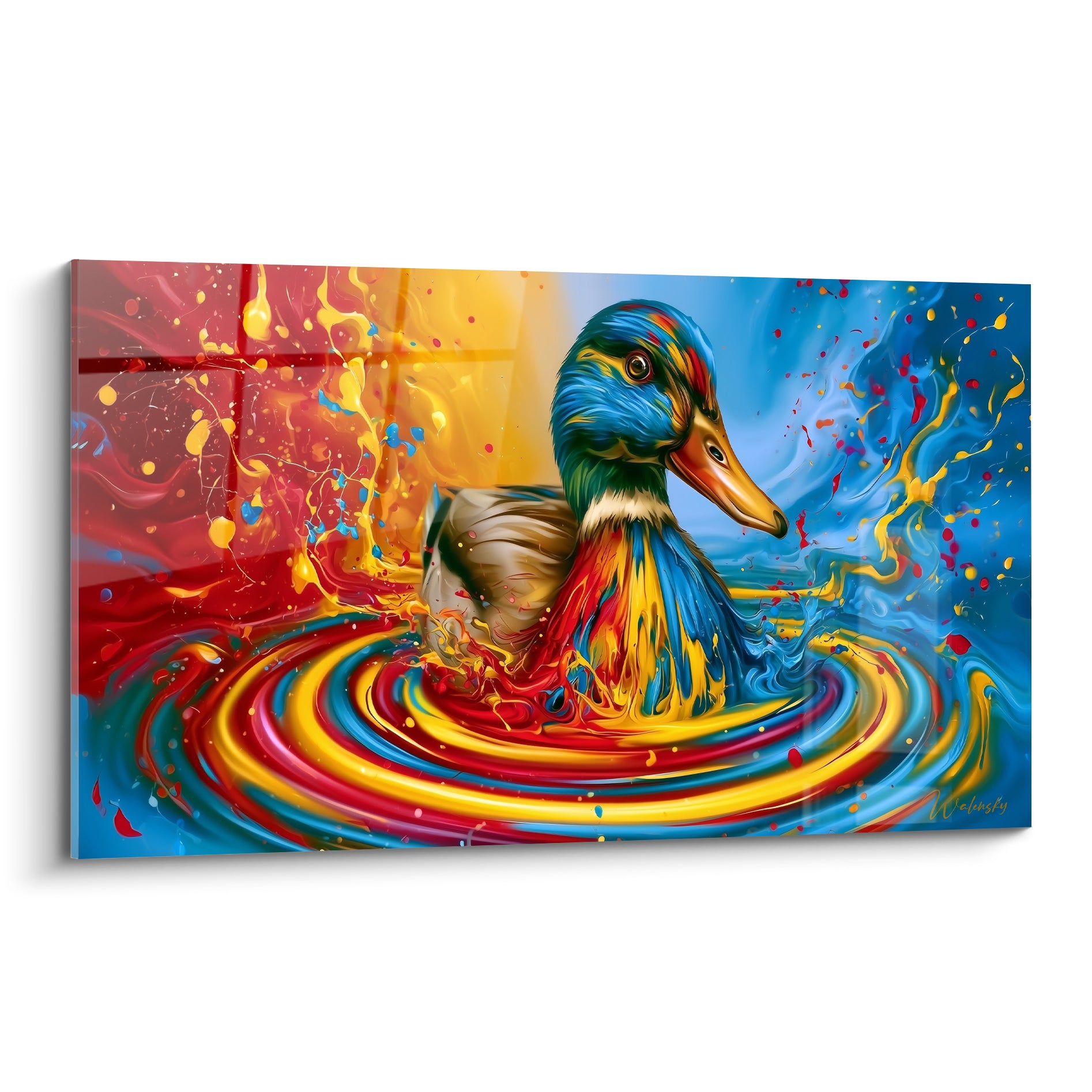 Canard aux plumes bleues et dorées émergeant d'un tourbillon rouge et turquoise vibrant