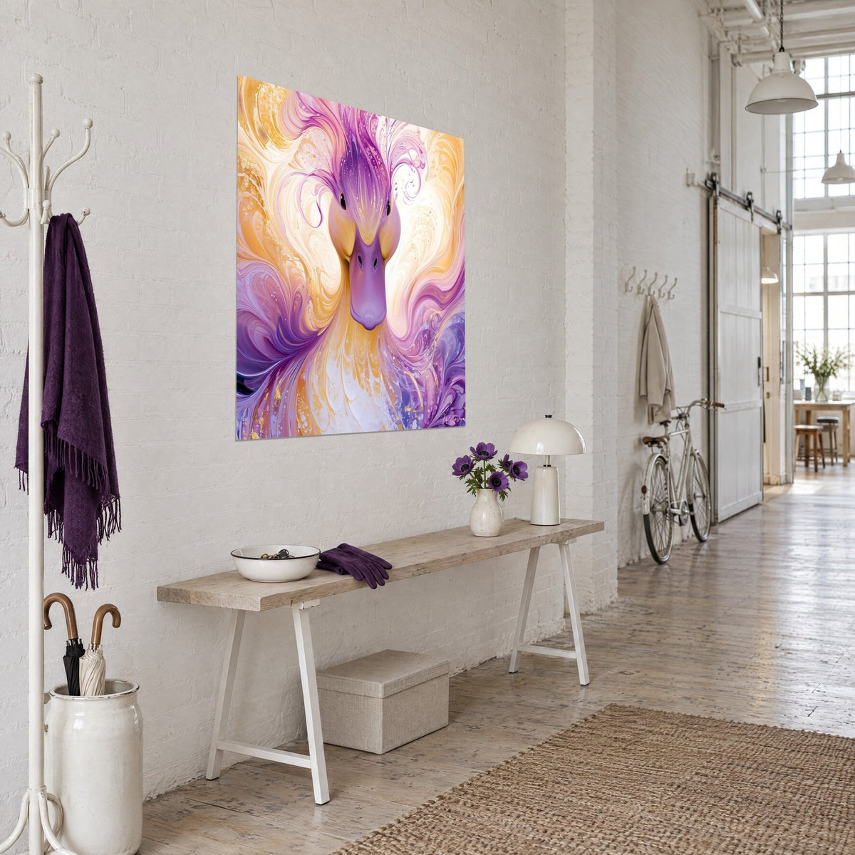 Wall art of a waterbird with a swirling mauve and amber crest, seen three-quarter view, in an artist's loft