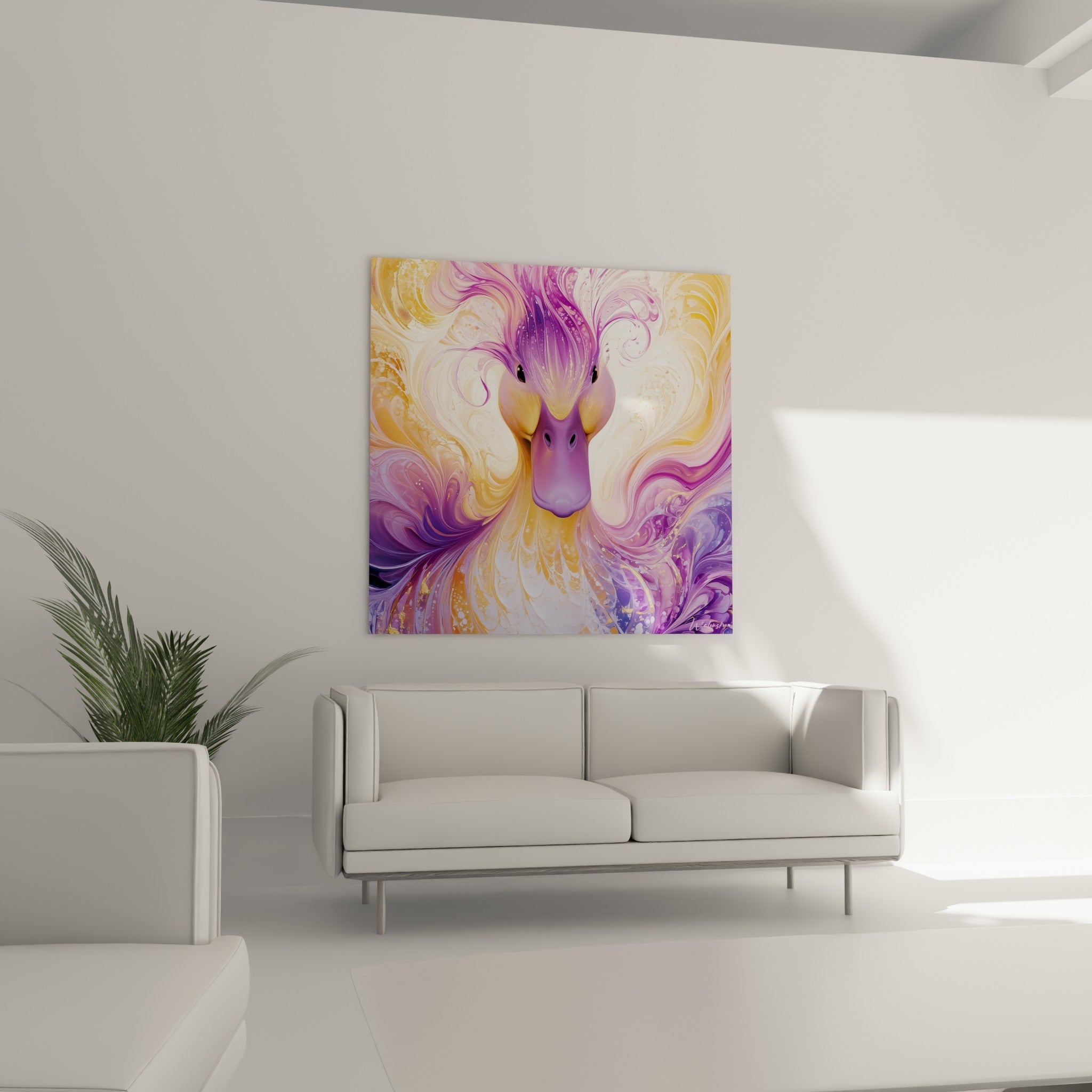 Portrait animalier violet et doré aux motifs tourbillonnants, suspendu au-dessus d'un canapé dans un salon lumineux