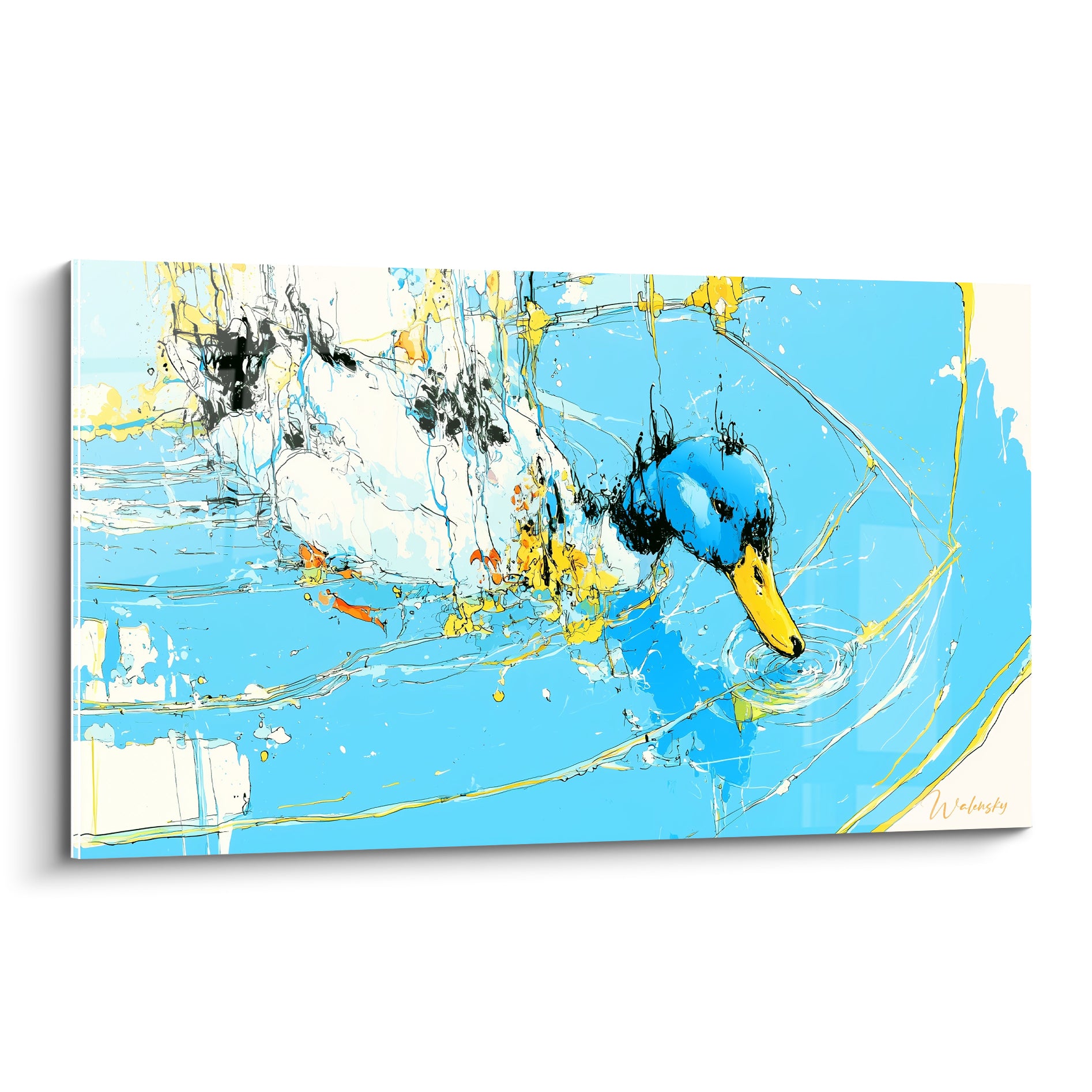 Canard turquoise et blanc au bec doré plongeant dans l'eau, style graphique aux traits noirs