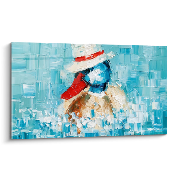 Duck with White Hat and Blue on Turquoise Background - Spatula Impasto - Duck Edition