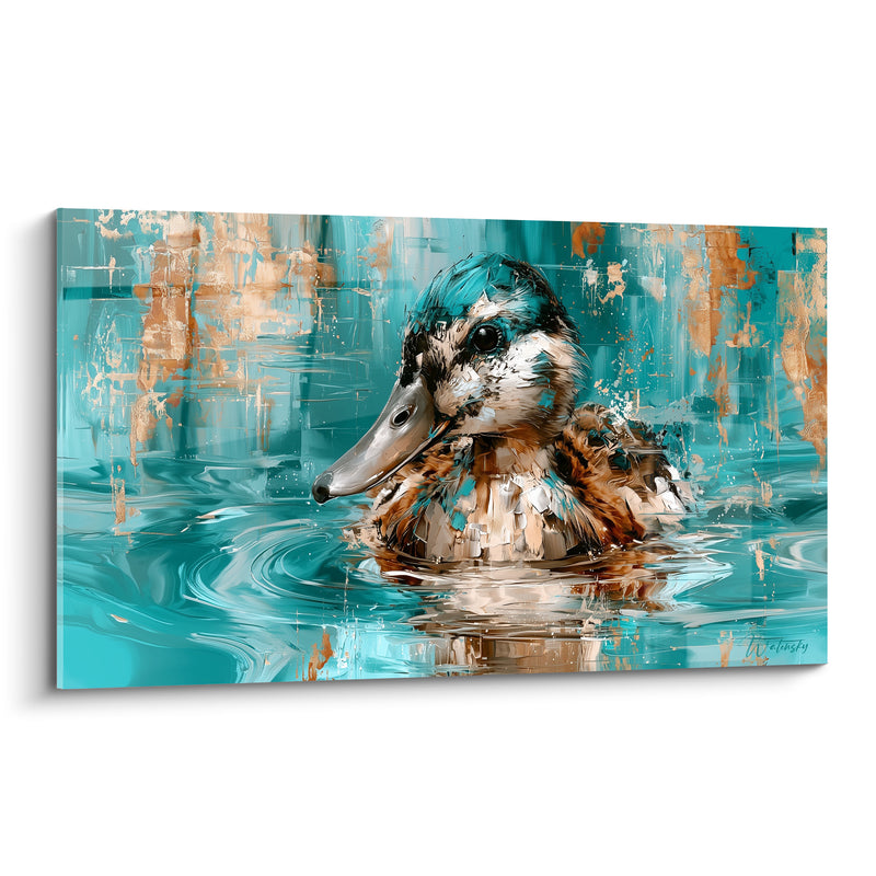 Tableau Canard turquoise et brun au bec gris - Éclaboussures verticales dorées - Edition Canard