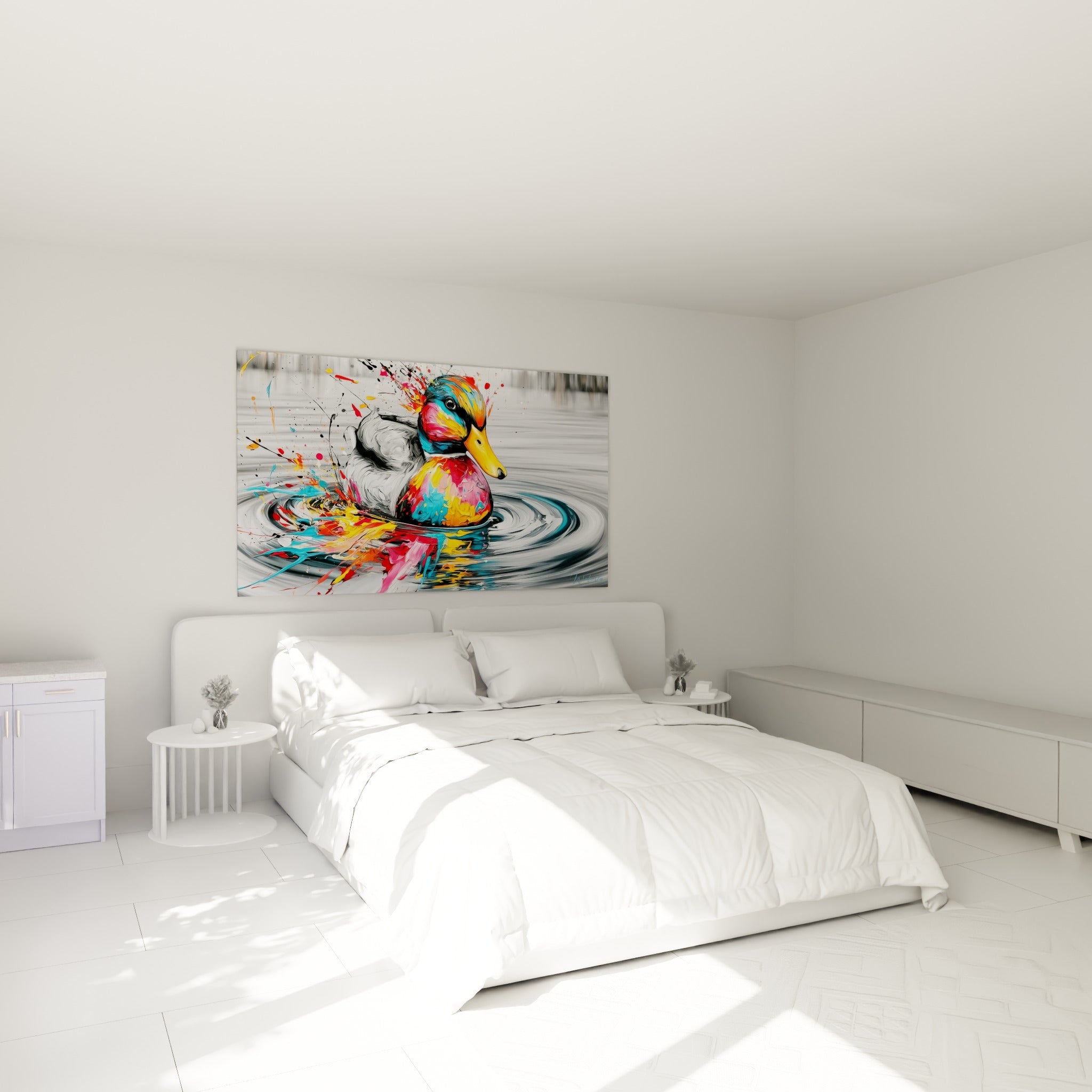 Canard aux teintes turquoise et fuchsia éclaboussées, accroché au-dessus d'un lit dans une chambre claire