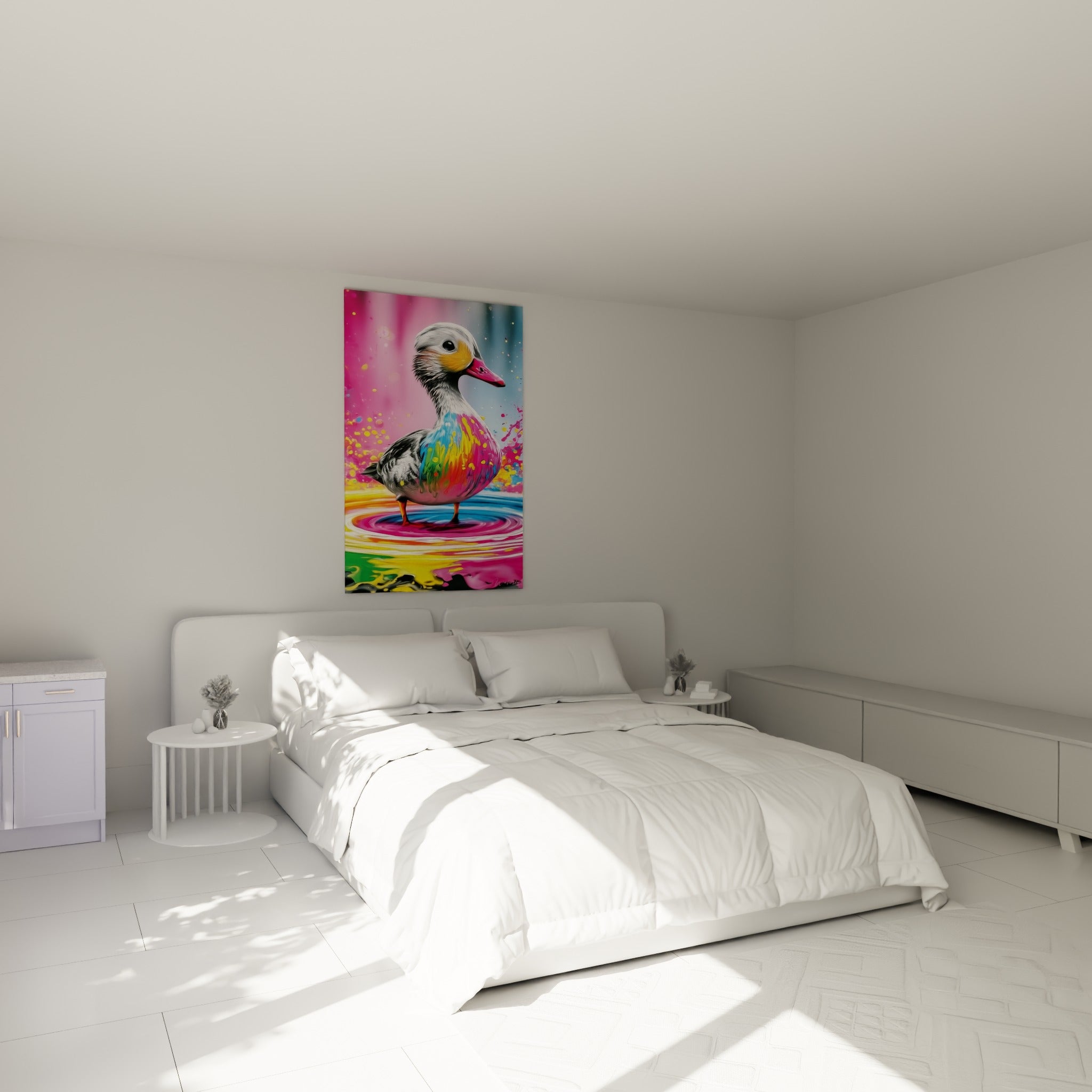 Oiseau aquatique aux couleurs pink et turquoise ruisselantes, au-dessus d'un lit dans une chambre claire.