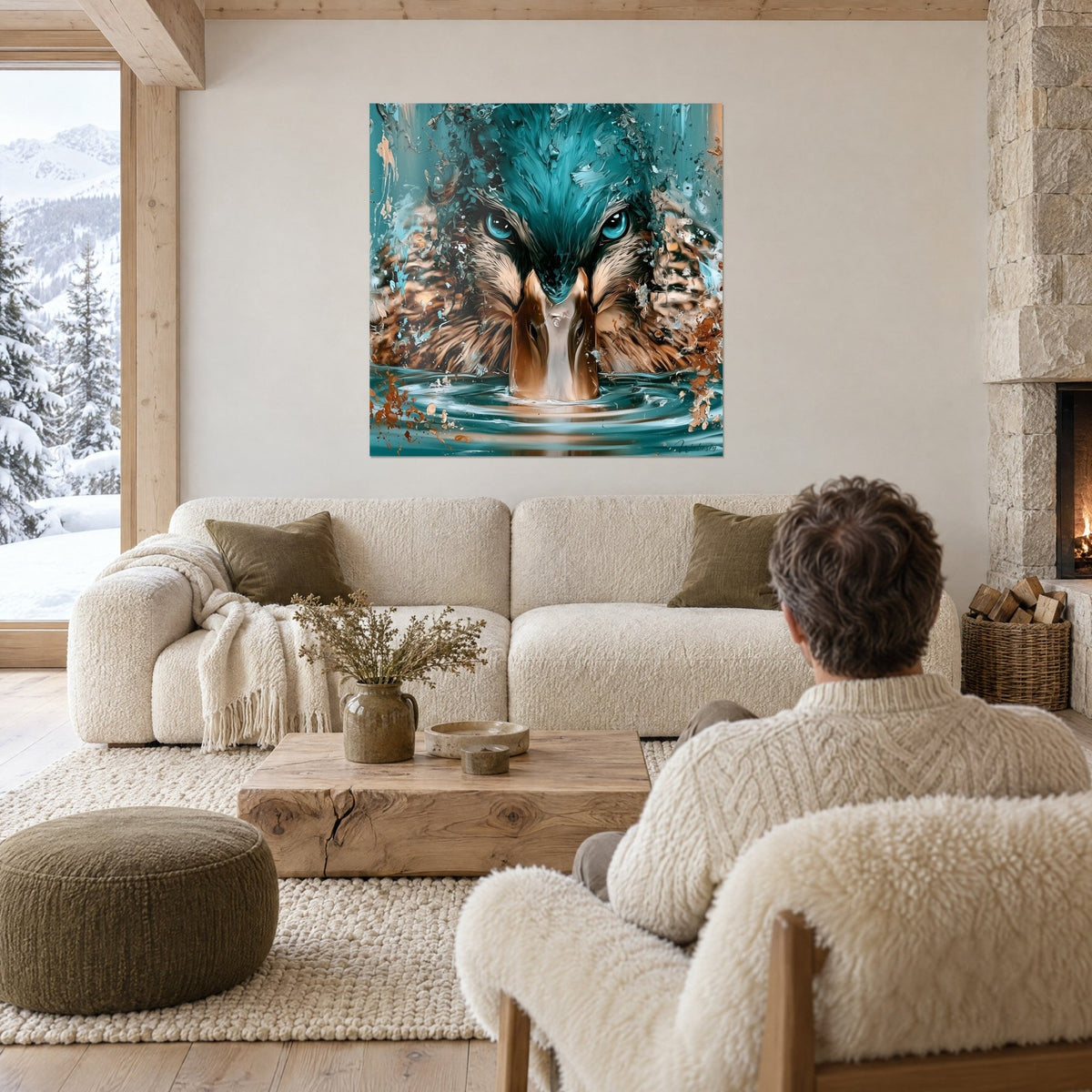 Quadro germano reale dagli occhi turchesi che emerge dall'acqua, piumaggio rame e ocra, sopra un divano in un soggiorno luminoso
