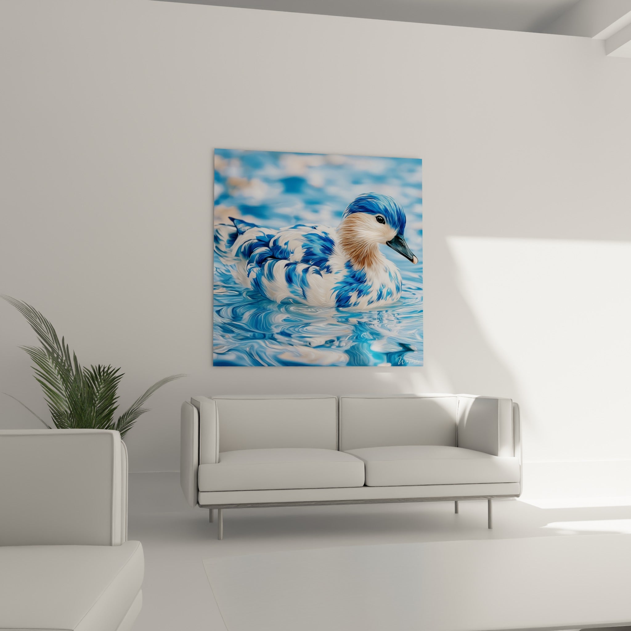 Reflets bleu ciel et blanc nacré d'un canard nageant, suspendu au-dessus d'un canapé dans un salon lumineux